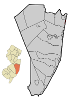 Map of Mantoloking in Ocean County. Inset; Location of Ocean County highlighted in the State of New Jersey.
