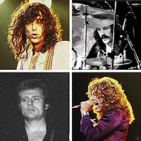 Head-shot photographs of each of the four members of Led Zeppelin