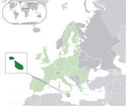 Location of Malta (green circle) – in Europe (light green & dark grey) – in the European Union (light green)  –  [Legend]