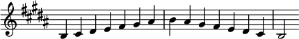   {
\override Score.TimeSignature #'stencil = ##f
\relative c' {
  \clef treble \key b \major \time 7/4 b4 cis dis e fis gis ais b ais gis fis e dis cis b2
} }

