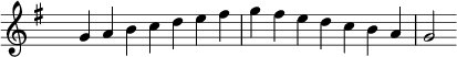 \relative c'' { \clef treble \key g \major \time 7/4 \hide Staff.TimeSignature g4 a b c d e fis g fis e d c b a g2 }