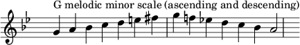 \relative c'' { \clef treble \key g \minor \time 7/4 \hide Staff.TimeSignature g4^\markup "G melodic minor scale (ascending and descending)" a bes c d e fis g f! es! d c bes a2 }