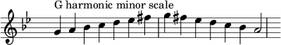 \relative c'' { \clef treble \key g \minor \time 7/4 \hide Staff.TimeSignature g4^\markup "G harmonic minor scale" a bes c d es fis g fis es d c bes a2 }