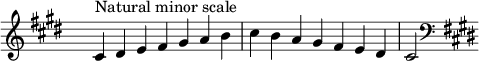 \relative c' { \clef treble \key cis \minor \time 7/4 \hide Staff.TimeSignature cis4^\markup "Natural minor scale" dis e fis gis a b cis b a gis fis e dis cis2 \clef bass \key cis \minor }