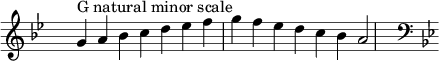 \relative c'' { \clef treble \key g \minor \time 7/4 \hide Staff.TimeSignature g4^\markup "G natural minor scale" a bes c d es f g f es d c bes a2 \clef bass \key g \minor }