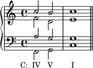 
    {
      \new PianoStaff <<
        \new Staff <<
            \new Voice \relative c'' {
                \stemUp \clef treble \key c \major \time 4/4
                c2 b c1
                }
            \new Voice \relative c' {
                \stemDown
                f2 d e1
                }
            >>
        \new Staff <<
            \new Voice \relative c' {
                \stemUp \clef bass \key c \major \time 4/4
                a2 g g1
                }
            \new Voice \relative c {
                \stemDown
                f,2_\markup { \concat { \translate #'(-4 . 0) { "C:  IV" \hspace #2.2 "V" \hspace #5.3 "I" } } }
                g c1 \bar "||"
                }
            >>
    >> }
