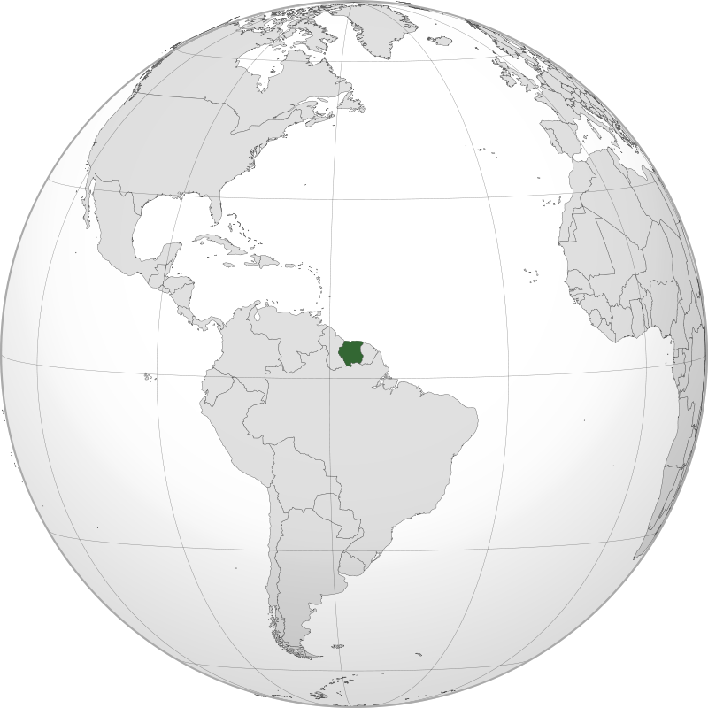 Location of Suriname (dark green) in South America (grey)