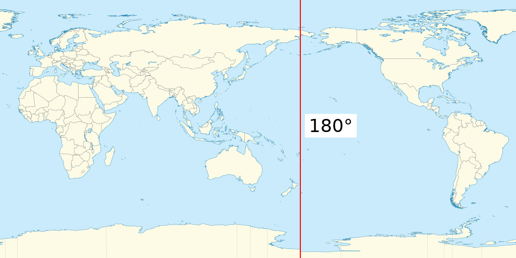 A map of the Earth with the Pacific Ocean in the centre, with a vertical red line running the full height just west of the Bering Strait and east of New Zealand.