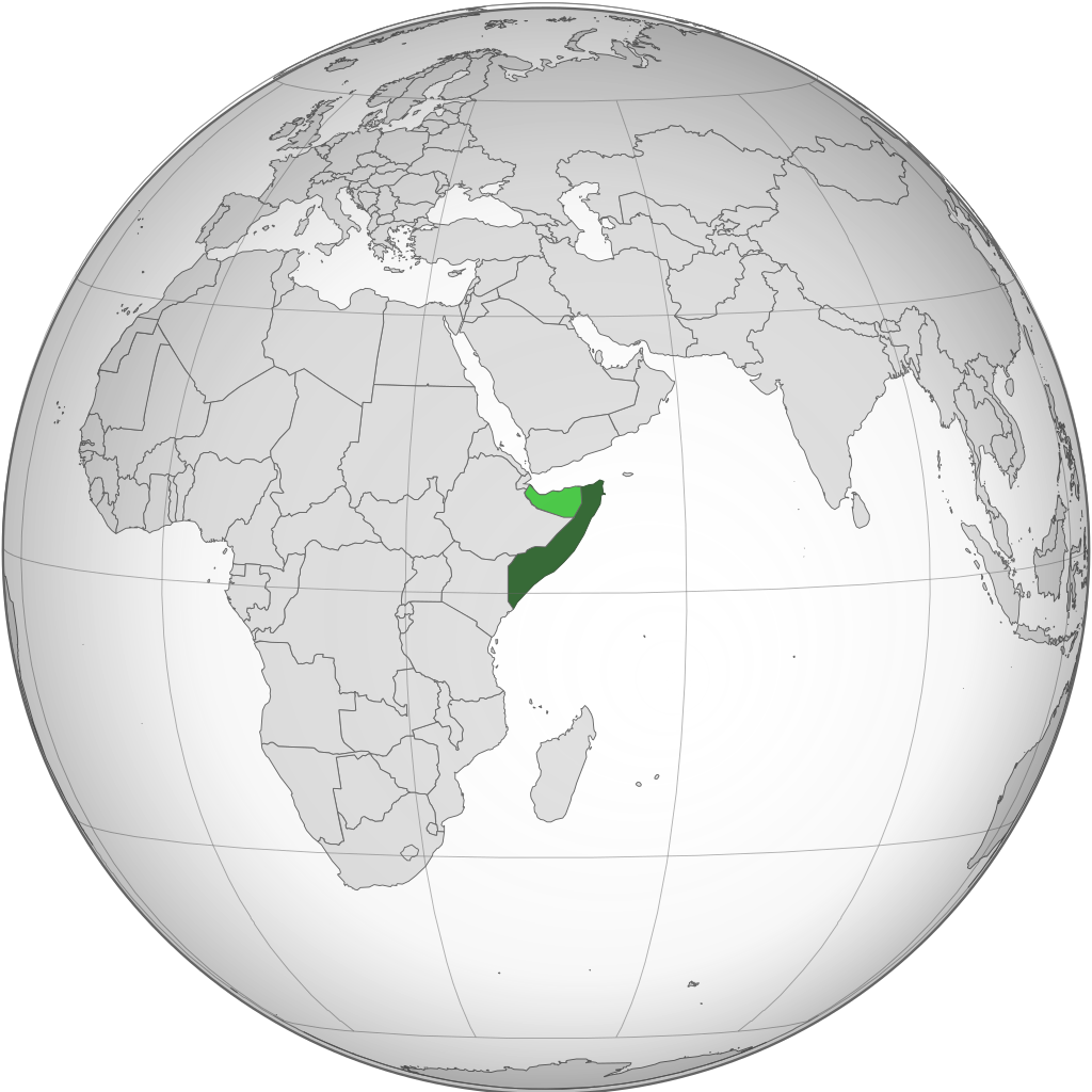 Area controlled by Somalia shown in dark green; claimed but uncontrolled Somaliland⁠ shown in light green. n.b., zones of control are approximate at this time.